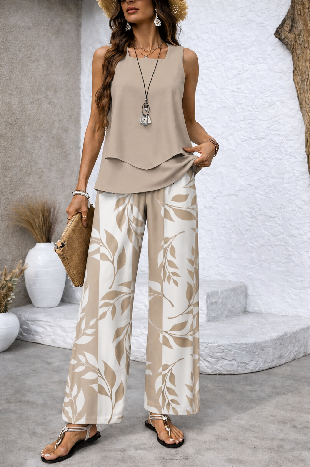 Ernestina™ | Luonnollinen Beige Paita ja Kasvitieteellinen Housut