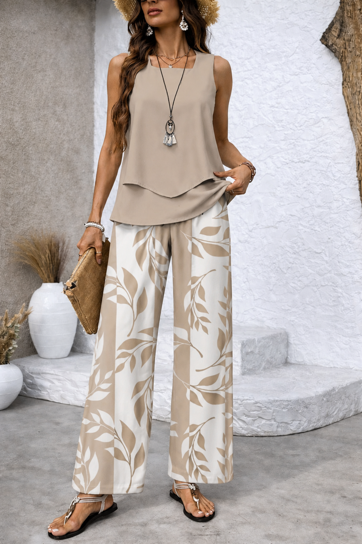 Ernestina™ | Luonnollinen Beige Paita ja Kasvitieteellinen Housut